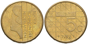 Нидерланды 5 гульденов 1989 Беатрикс (1980-2013) KM 210 никель плакированный бронзой 4620-447