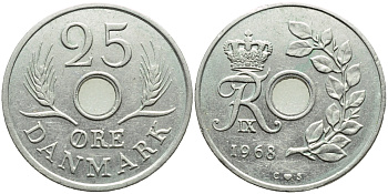 Дания 25 эре 1968 С;S, Фредерик IX (1947-1972) KM 855.1 медно-никель 4395-324