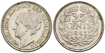 Нидерланды 25 центов 1941 Вильгельмина (1890-1948) KM 164 серебро 4609-769