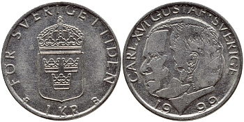 Швеция 1 крона 1999 Карл XVI Густав (1973- ) KM 852a медно-никель 4385-443