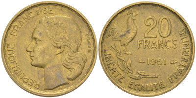 Франция 20 франков 1951 петух KM 917.1, Le Franc 402.7 алюминиевая бронза 4513-511