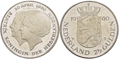 Нидерланды 2 1/2 гульдена 1980 коронация Беатрикс, 30 апреля 1980 KM 201 никель 38-121