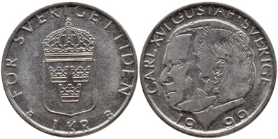 Швеция 1 крона 1999 Карл XVI Густав (1973- ) KM 852a медно-никель 4385-443