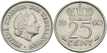 НИДЕРЛАНДЫ 25 ЦЕНТОВ 1960 ЮЛИАНА KM 183 никель 96-145