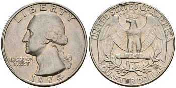 США 25 центов (квотер) 1974 Вашингтон KM 164a медь плакированная медно-никелем 183-244