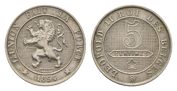 Бельгия 5 сантимов 1894 Belges, Леопольд II (1865-1909) KM 40 медно-никель 4623-1115