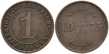 Германия 1 рейхспфенниг 1935 F KM 37, J. 313 бронза 4124-817