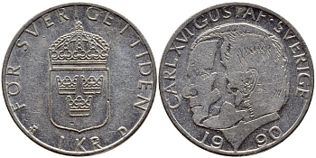 Швеция 1 крона 1990 Карл XVI Густав (1973- ) KM 852a медно-никель 4398-1235