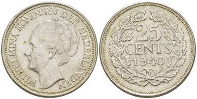 Нидерланды 25 центов 1940 Вильгельмина (1890-1948) KM 164 серебро aUNC 66-1141