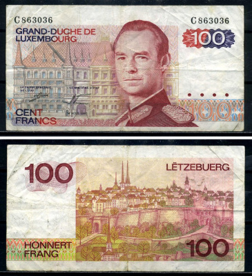 Люксембург 100 франков 1980 14 августа 1980, герцог Жан, signatures: Guill & Werner Pick 57а(1) бумага 8590-5-2-2