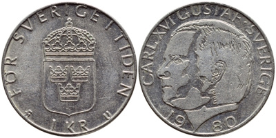 Швеция 1 крона 1980 Карл XVI Густав (1973- ) KM 852 медь плакированная медно-никелем 4397-953
