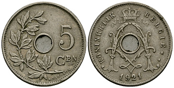 Бельгия 5 сантимов 1921 Belgie KM 67 медно-никель 4173-227