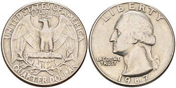 США 25 центов (квотер) 1967 Вашингтон KM 164a медь плакированная медно-никелем 92-1217