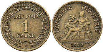 Франция 1 франк 1923 KM 876, Le Franc 218.5 алюминиевая бронза 4142-657