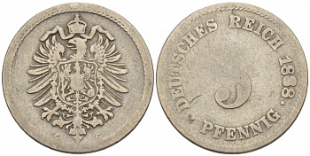 ГЕРМАНИЯ 5 ПФЕННИГОВ 1888 G, СТАРОГЕРБОВКА KM 3, J. 3 медно-никель 3718-142