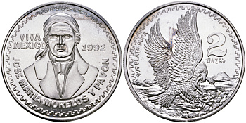 Мексика 2 унции 1992 да здравствует Мексика, Хосе Мария Текло Морелос и Павон, диаметр 48 мм., вес 2 тройские унции серебро PROOF 00-00