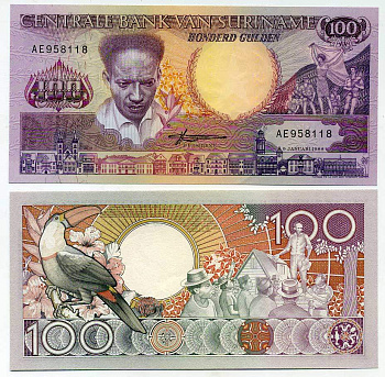 Суринам 100 гульденов 1988 Антон де Ком, тукан на ветке Pick 133 b бумага UNC (пресс) 445-57-3