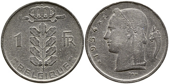 БЕЛЬГИЯ 1 ФРАНК 1954 BELGIQUE KM 142.1 медно-никель 4388-1214