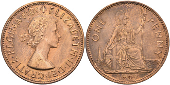 Великобритания 1 пенни 1967 Елизавета II (1952-2022) KM 897, Spink 4157 бронза    4149-433