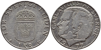 Швеция 1 крона 1977 Карл XVI Густав (1973- ) KM 852 медь плакированная медно-никелем 4397-817