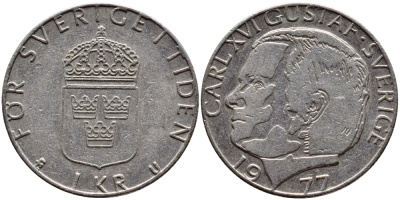 Швеция 1 крона 1977 Карл XVI Густав (1973- ) KM 852 медь плакированная медно-никелем 4397-817
