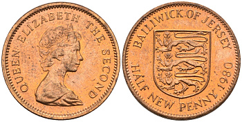 Джерси 1/2 нового пенни 1980 герб, Елизавета II (1952-) KM 29 бронза UNC 4580-862