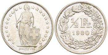 ШВЕЙЦАРИЯ 1/2 ФРАНКА 1980 KM 23а.1 медно-никель 4532-1053