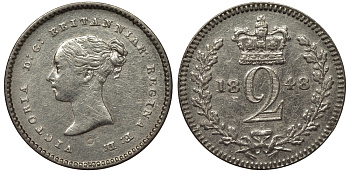 Великобритания 2 пенса 1848 Виктория (1837-1901), для обращения в Британской Гвиане и некоторых частях Британской Вест-Индии KM 729, Spink 3914E серебро  1524-442