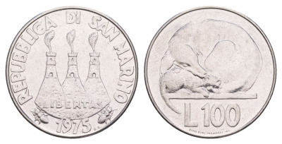 Сан-Марино 100 лир 1975 Любовь у животных KM 46 нержавеющая сталь  UNC  4634-123