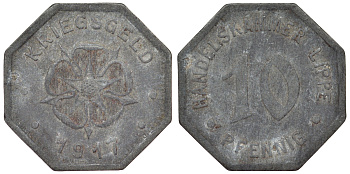 Германия, торговая палата Липпе 10 пфеннигов 1917 Северный Рейн-Вестфалия, нотгельд Funck 299.2A цинк 4119-1214