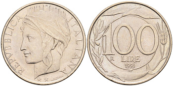 Италия 100 лир 1993 R, дельфины KM 159 медно-никель 4538-1245