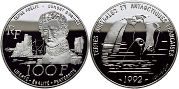 Франция 100 франков 1992 ИМПЕРАТОРСКИЕ ПИНГВИНЫ, ФРАНЦУЗСКИПЕ АНТАРКТИЧЕСКИЕ ТЕРРИТОРИИ KM 1011 серебро PROOF 01-161-34
