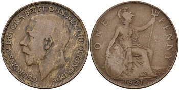 Великобритания 1 пенни 1921 Георг V (1910-1936) KM 810, Spink 4051 бронза 4394-334