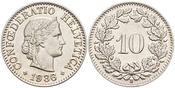 ШВЕЙЦАРИЯ 10 РАППЕНОВ 1936 В KM 27b никель 3309-1231