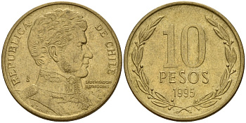 Чили 10 песо 1995 KM 228 никель латунь 4159-1012