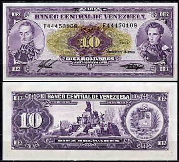 Венесуэла 10 боливаров 1988 Симон Боливар и Антонио Хосе Сукре, монумент битве при Карабобо Pick 62 a  бумага  UNC (пресс) 447-70-2-2