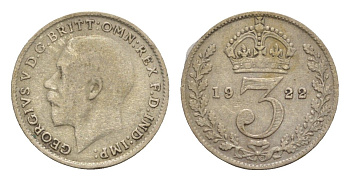 Великобритания 3 пенса 1922 Георг V (1910-1936) KM 813a, Spink 4026 серебро 4659-121