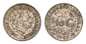 Нидерландские Антильские острова (Нидерландские Антилы) 1/10 гульдена 1966 Юлиана (1948-1980) KM 3 серебро 4669-1249