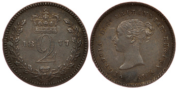 Великобритания 2 пенса 1877 Виктория (1837-1901) Spink 3919, KM 729 серебро PROOFLIKE 650-1023