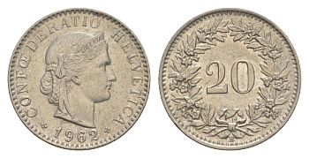 Швейцария 20 раппенов 1962 B KM 29a медно-никель 4625-1067
