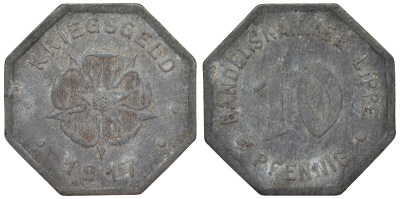 Германия, торговая палата Липпе 10 пфеннигов 1917 Северный Рейн-Вестфалия, нотгельд Funck 299.2A цинк 4119-1214