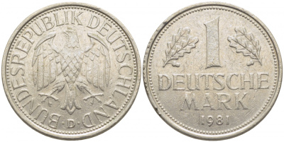 ФРГ 1 МАРКА 1981 D J.385, KM 110 медно-никель 3856-151
