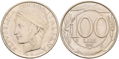 Италия 100 лир 1993 R, дельфины KM 159 медно-никель 4538-1245