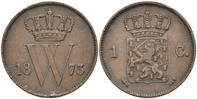 Нидерланды 1 цент 1873 Виллем III (1849-1890) KM 100 медь 4575-927
