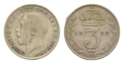 Великобритания 3 пенса 1922 Георг V (1910-1936) KM 813a, Spink 4026 серебро 4659-121