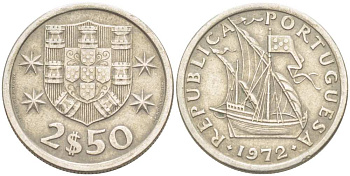 ПОРТУГАЛИЯ 2,5 ЭСКУДО 1972 ПАРУСНИК KM 590 медно-никель 4513-1142