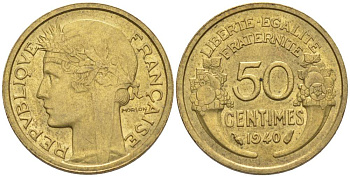 ФРАНЦИЯ 50 САНТИМОВ 1940 ТИП MORLON KM 894.1, LE FRANC 192.17 алюминиевая бронза 44-765