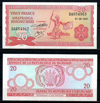 Бурунди 20 франков 2001 1 августа 2001 Pick 27d бумага UNC (пресс) 6317-20-3-2
