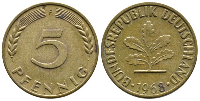 ФРГ 5 ПФЕННИГОВ 1968 F KM 107, J.382 сталь плакированная латунью 26-1139
