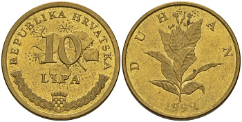 Хорватия 10 лип 1999 табак обыкновенный, легенда на хорватском KM 6 сталь плакированная латунью 66-527